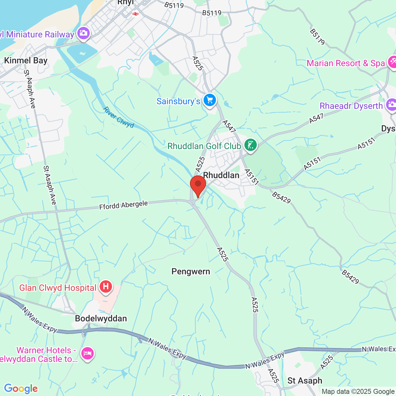 Map showing location of Castle View Retail park, Marsh Rd, Rhyl, United Kingdom,  LL18 5AQ