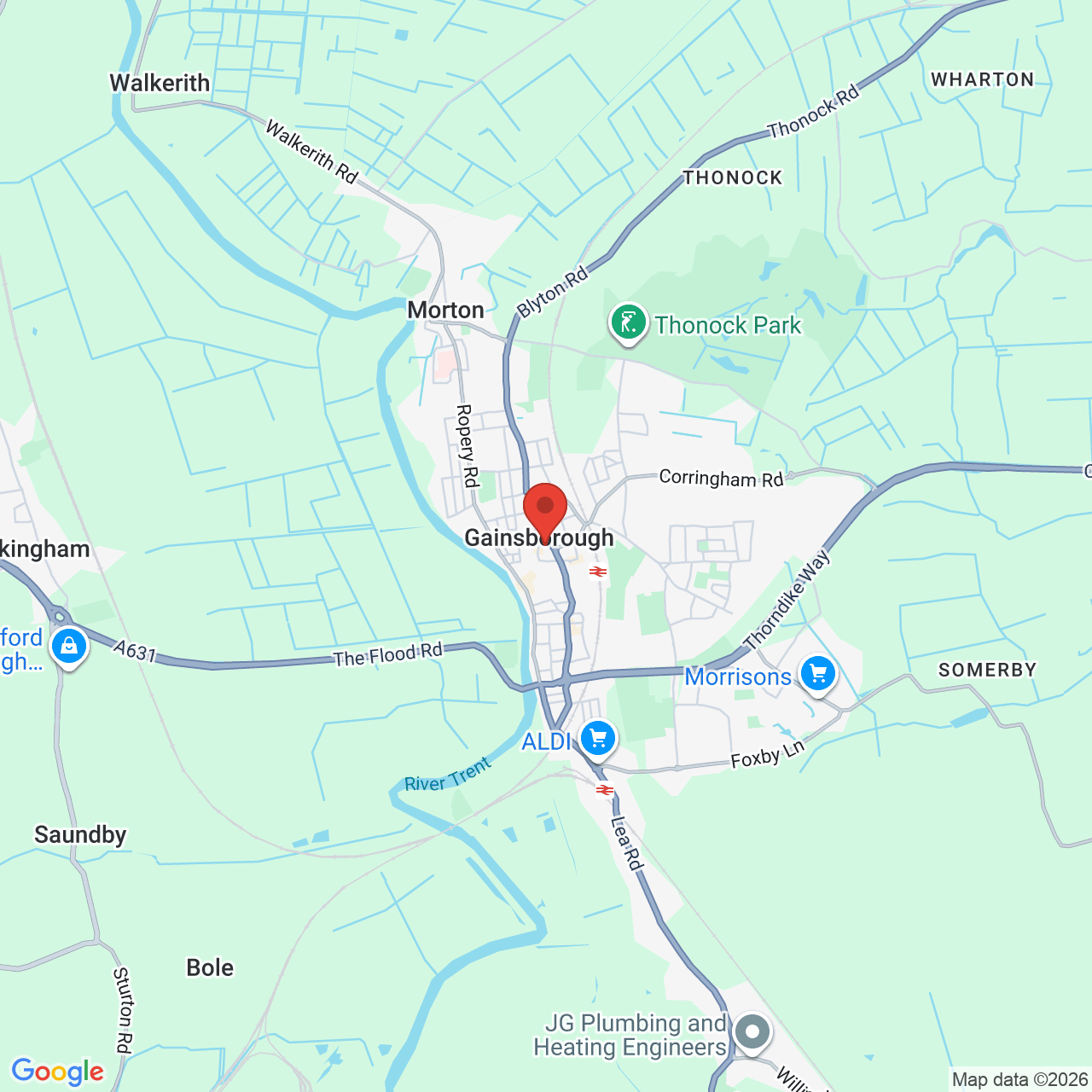 Map showing location of Roseway, Gainsborough, United Kingdom, DN21 2BB