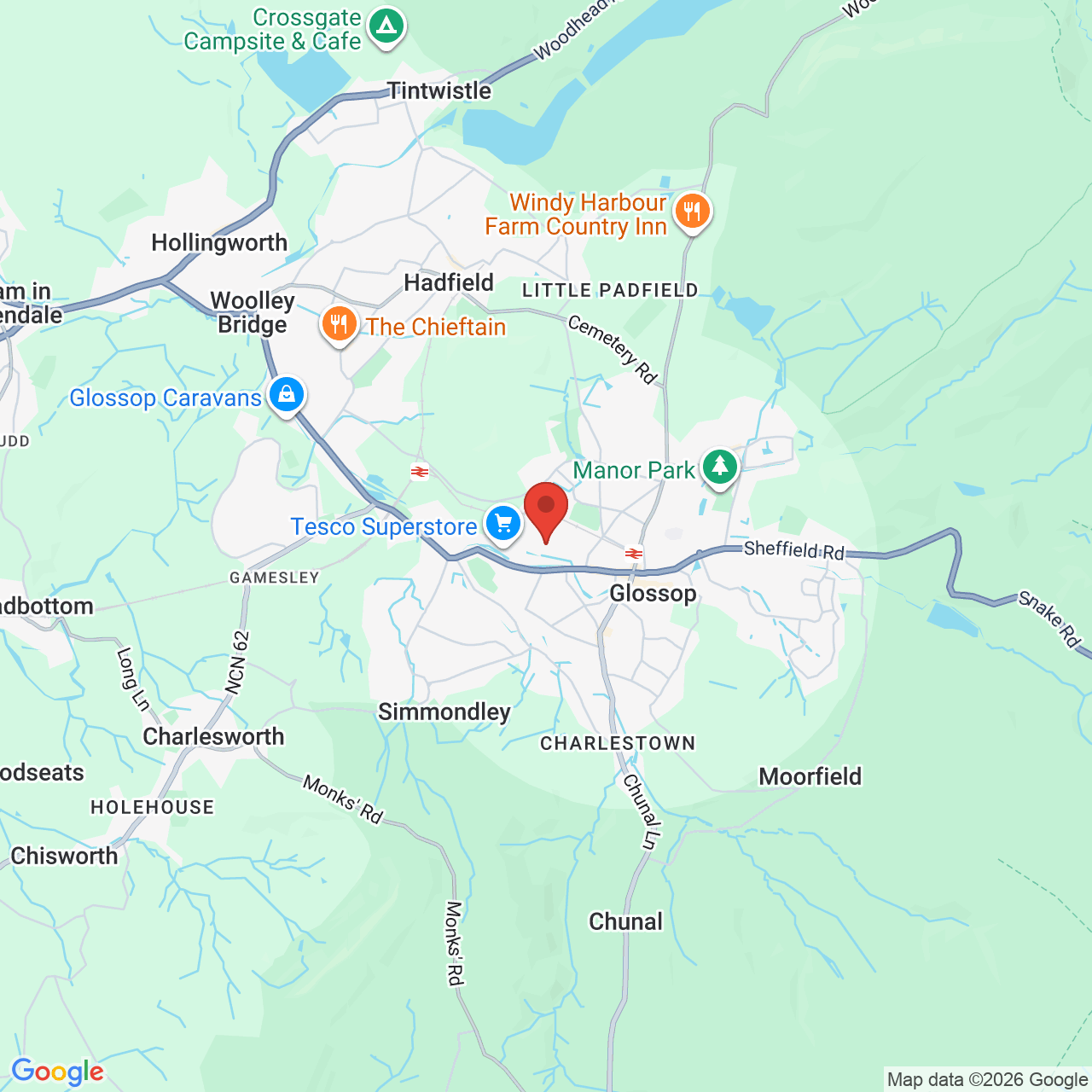 Map showing location of Unit 1 Wren Retail Park, Glossop Brook Road, United Kingdom, SK13 8GN
