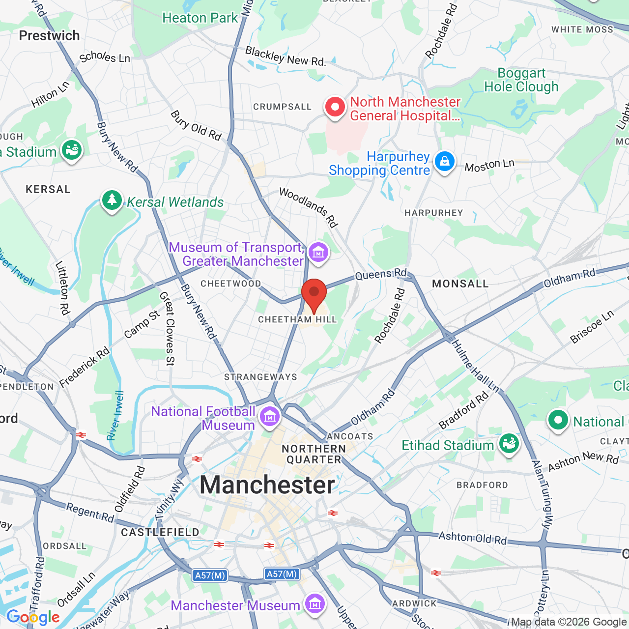 Map showing location of Cheetham Hill Road, Cheetham Hill, United Kingdom, M8 8EP