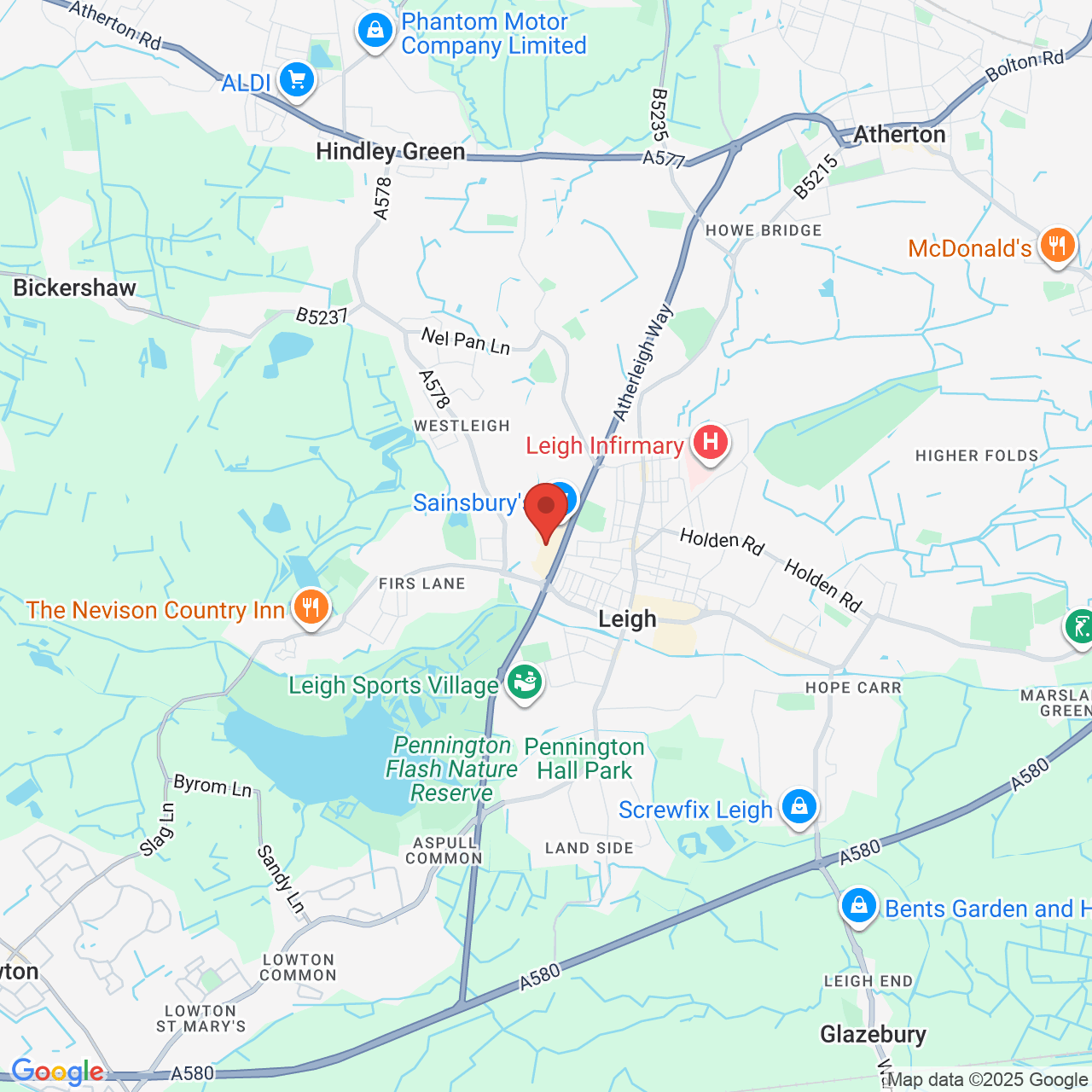Map showing location of Parsonage Retail Park, Atherleigh Way, Leigh, United Kingdom, WN7 5SJ
