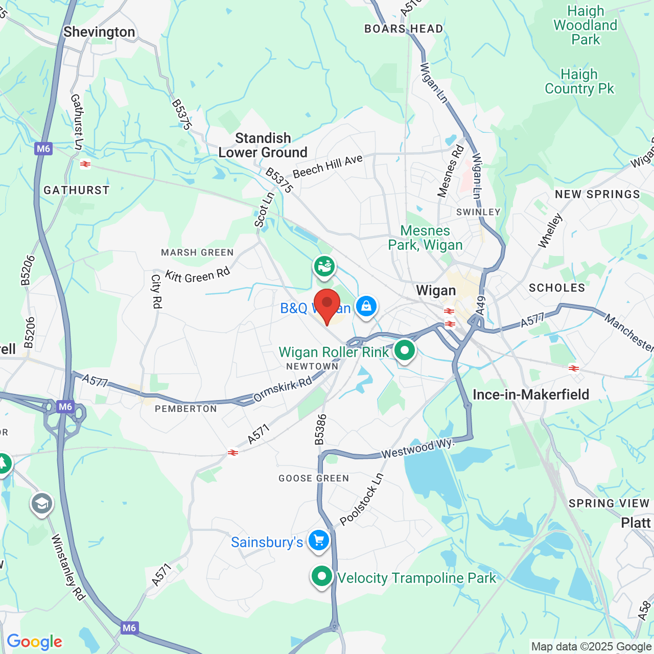 Map showing location of Wigan, United Kingdom, WN5 0UH