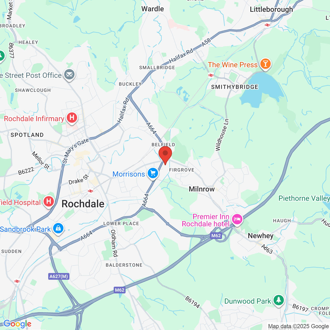 Map showing location of Wallhead Road, Rochdale, United Kingdom, OL16 5AF
