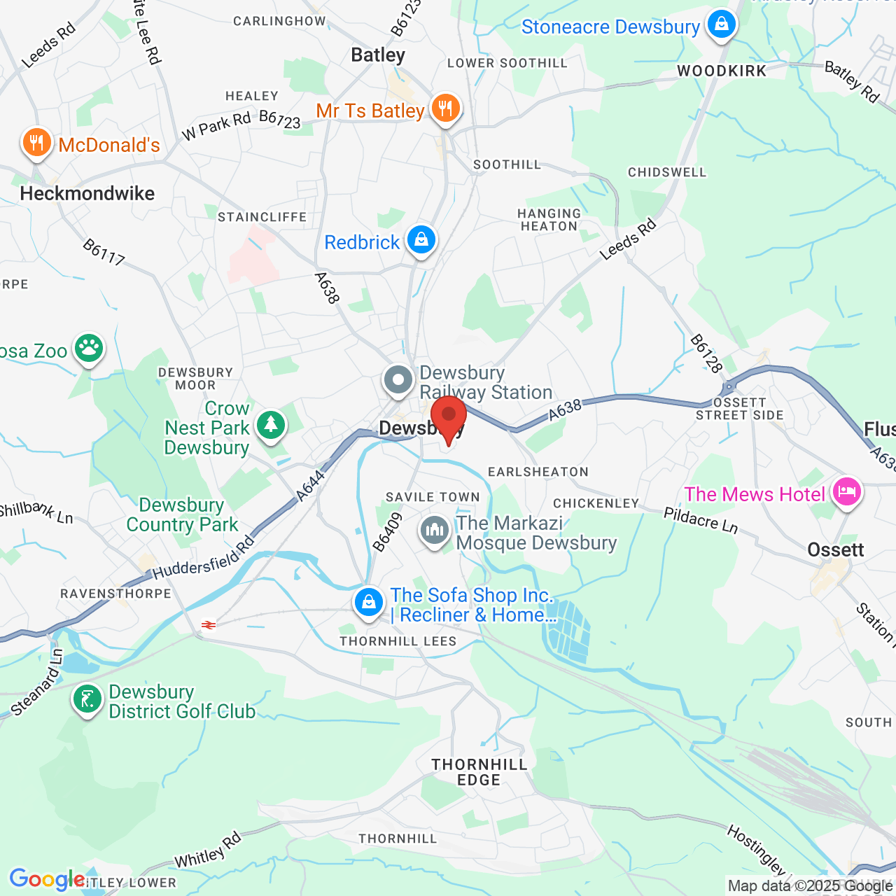 Map showing location of Dewsbury, United Kingdom, WF12 8EB
