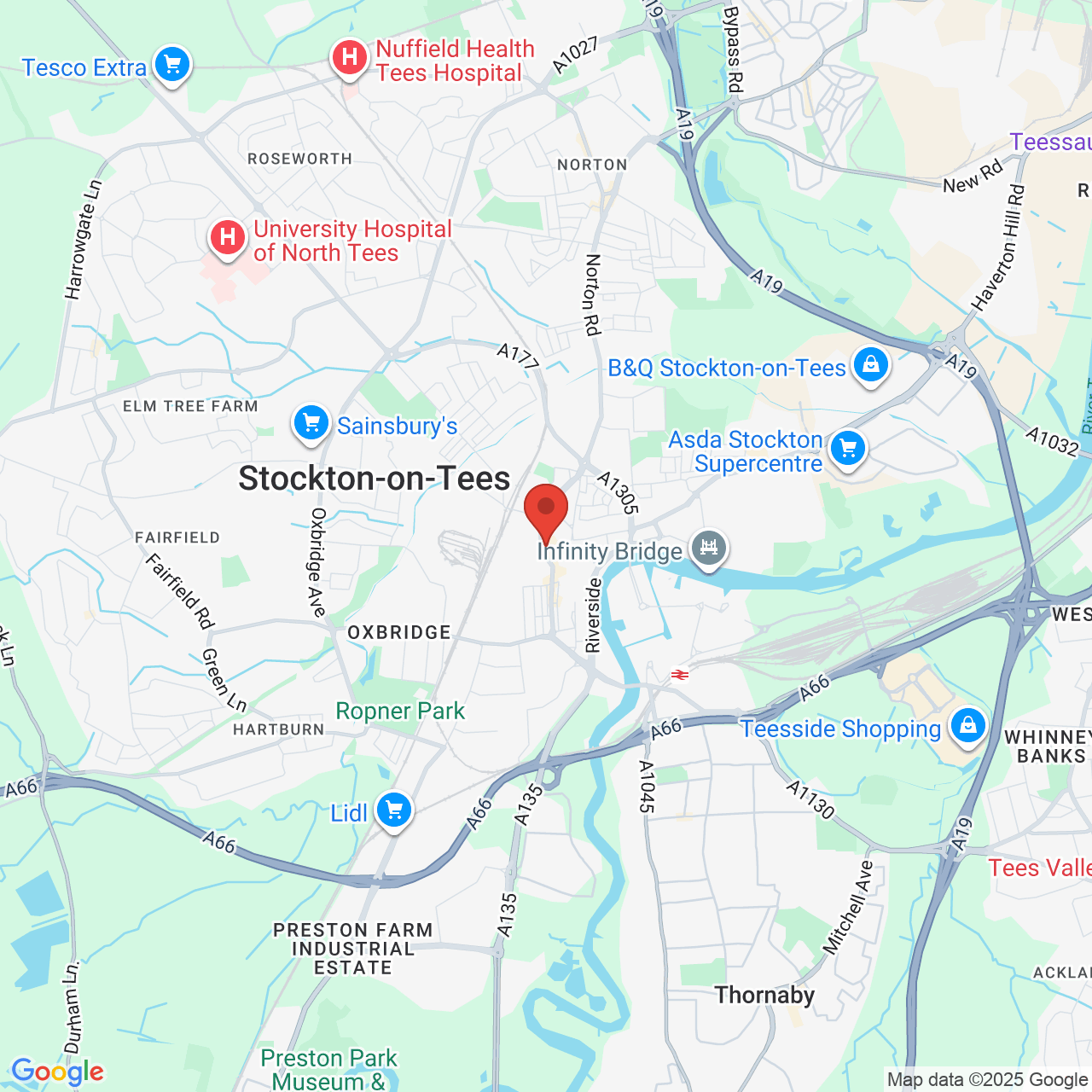 Map showing location of Wellington Street, Stockton-on-Tees, United Kingdom, TS18 1QX