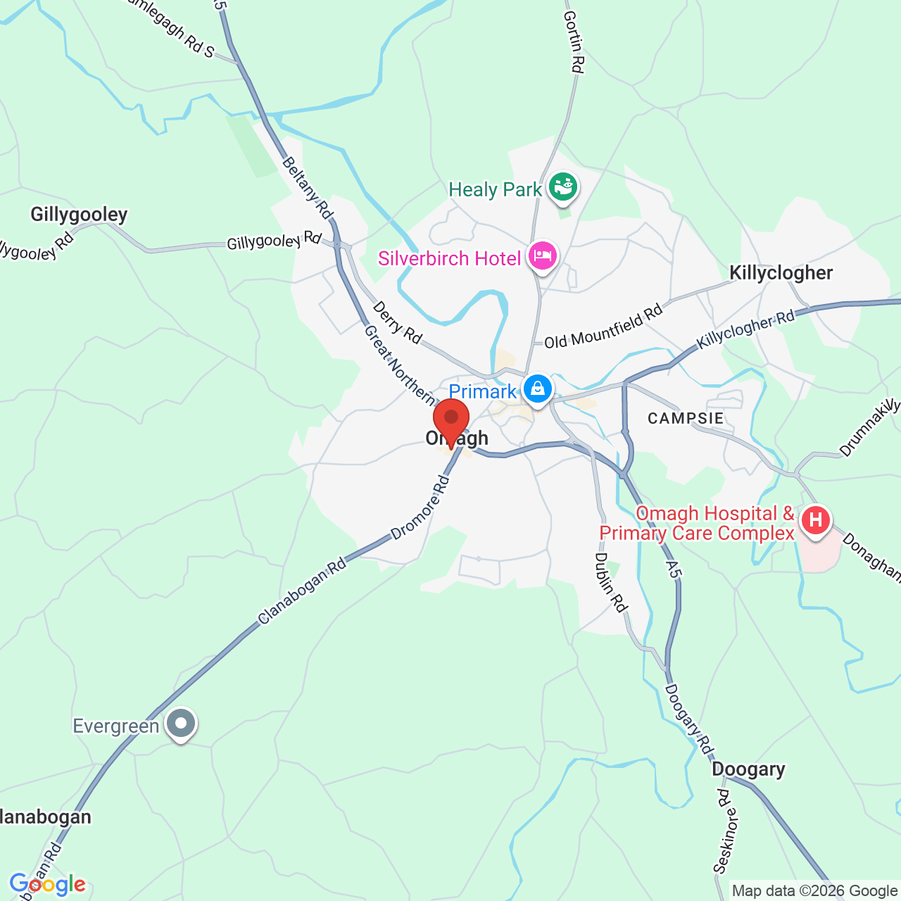 Map showing location of Dromore Road, Omagh, United Kingdom, BT78 1QZ