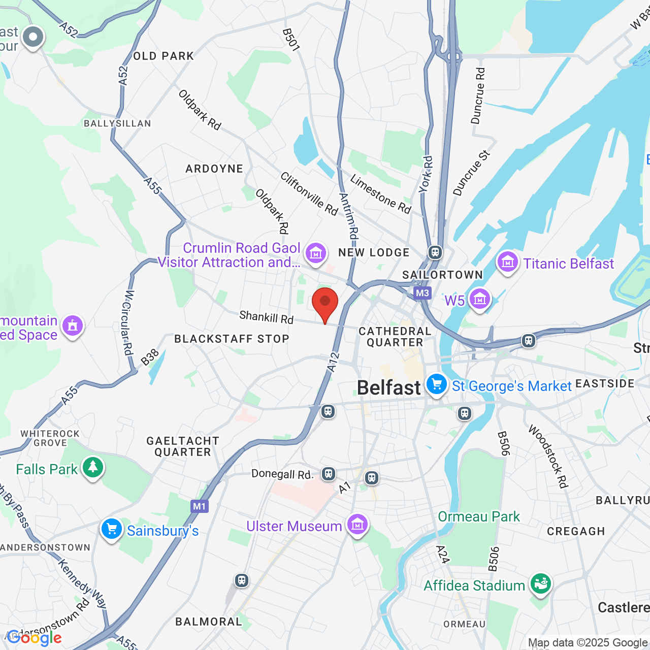 Map showing location of 2-16, Shankill Road, Belfast, United Kingdom, BT13 1DS