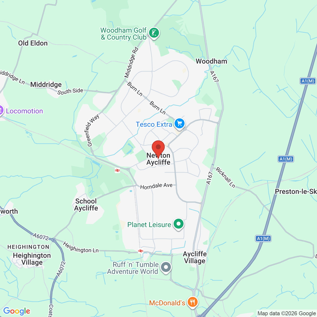 Map showing location of A167, Newton Aycliffe, United Kingdom, DL1 3NL