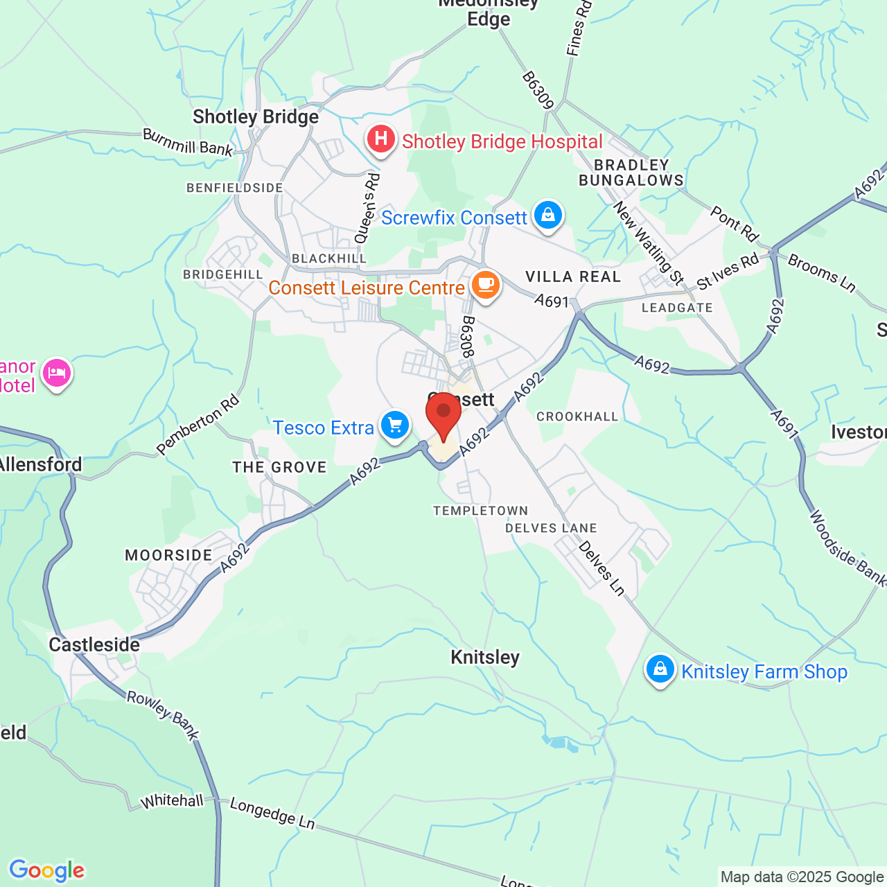 Map showing location of Front Street, Consett, United Kingdom, DH8 5SB