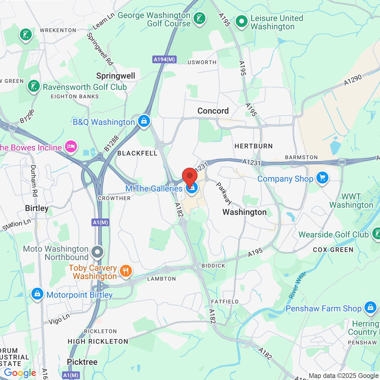 Map showing location of Washington, United Kingdom, NE38 7RU