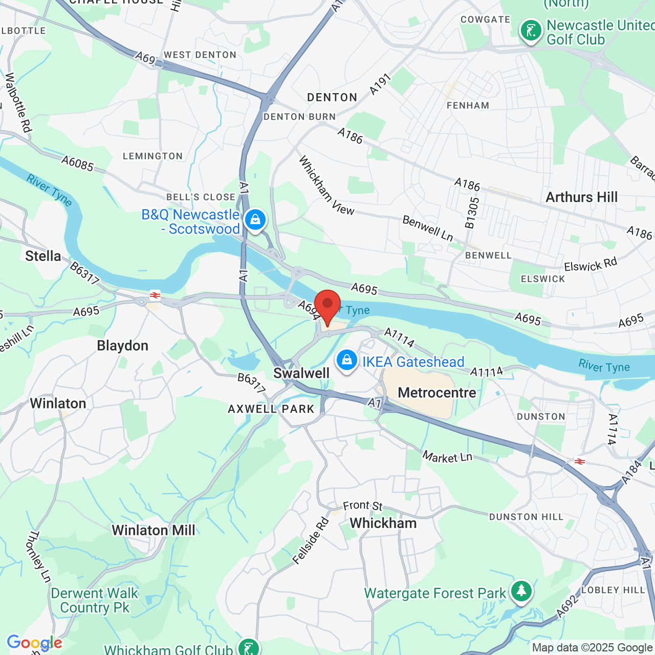Map showing location of Riverside Way, Newcastle upon Tyne, United Kingdom, NE16 3BE