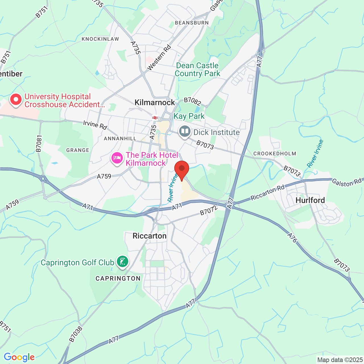Map showing location of Kilmarnock, United Kingdom, KA1 3XB