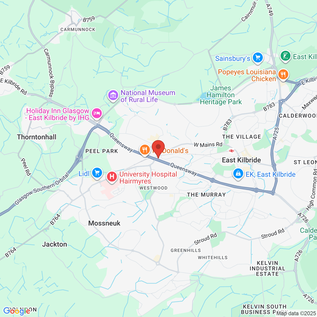 Map showing location of Queensway, East Kilbride, United Kingdom, G74 5NY