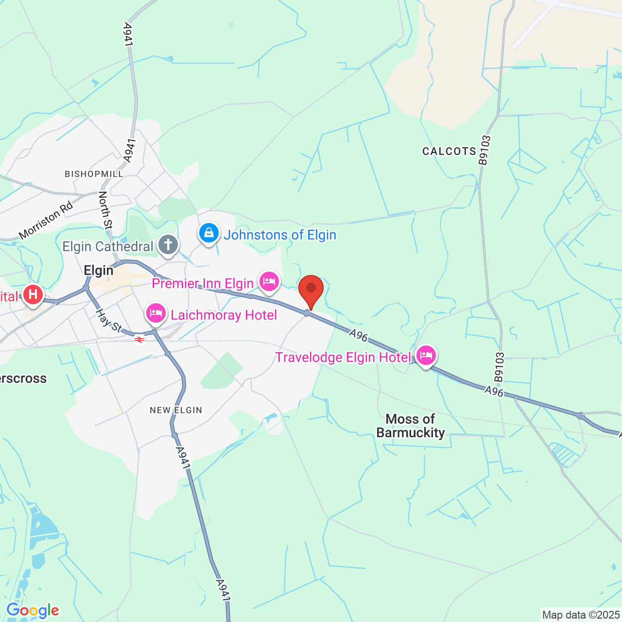 Map showing location of Elgin, United Kingdom, IV30 1HZ